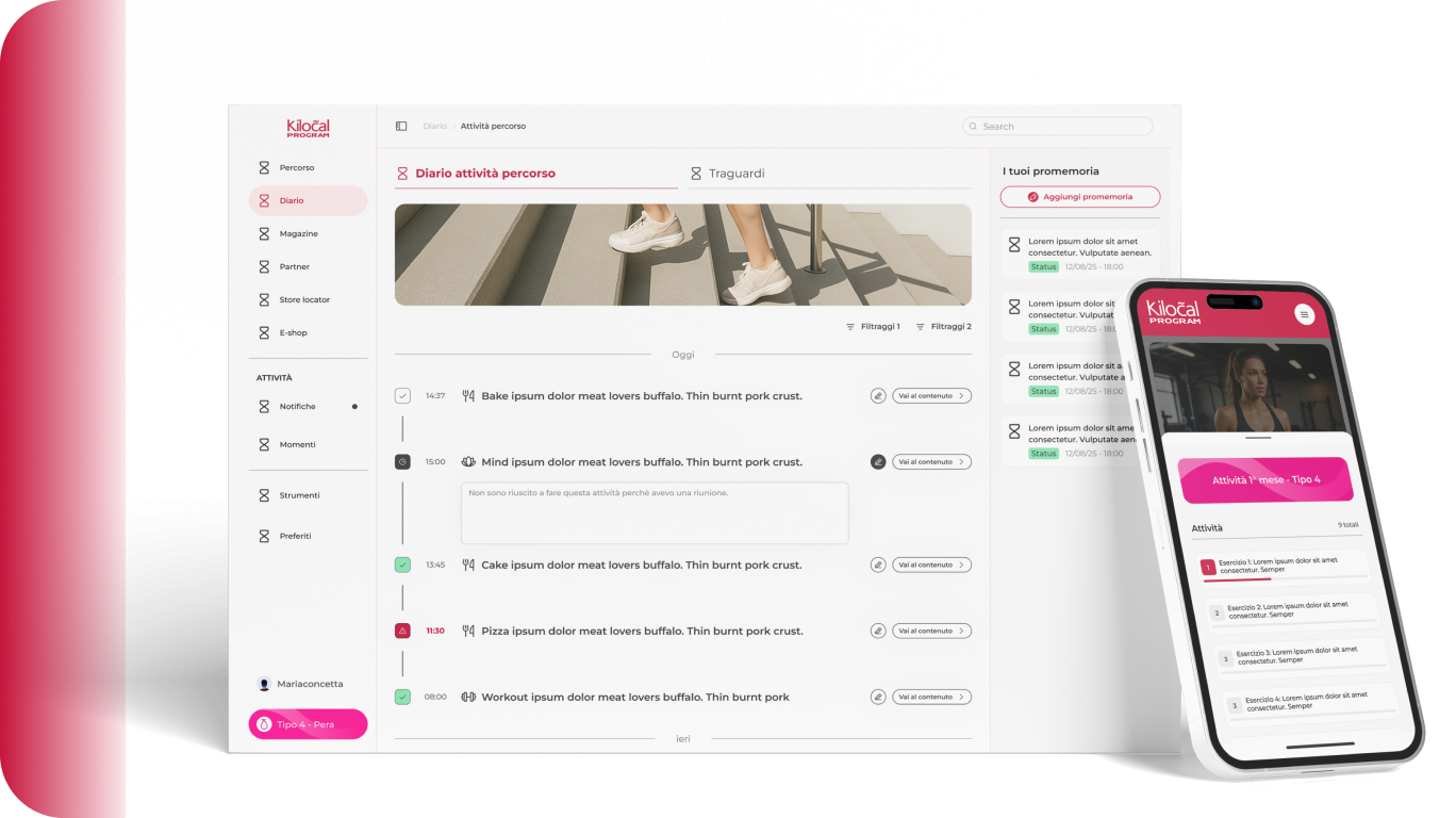 Interfaccia del diario digitale Kilocal Program su smartphone e laptop